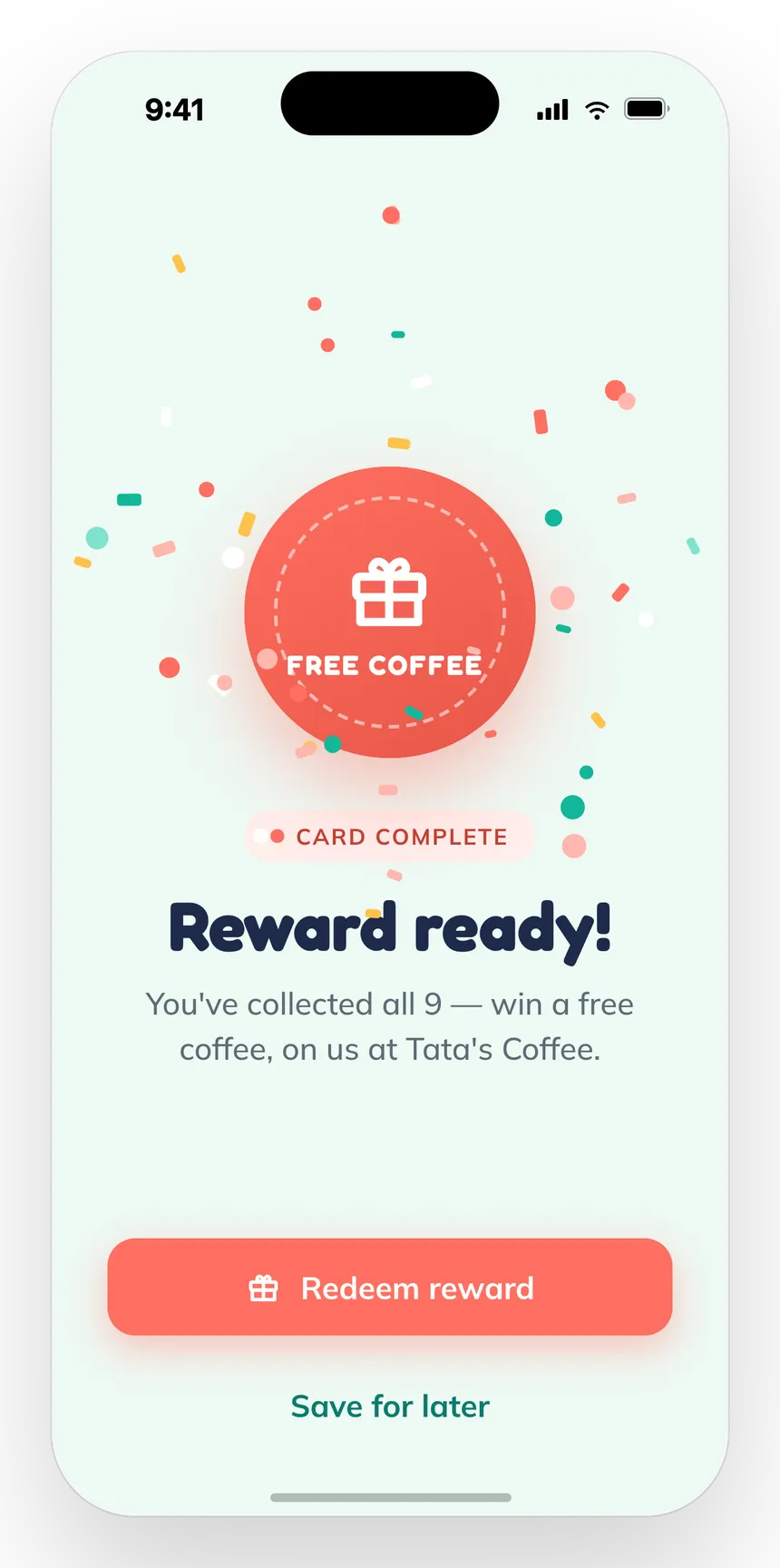 Tarjeta completa con la recompensa lista para canjear en la app Stampi