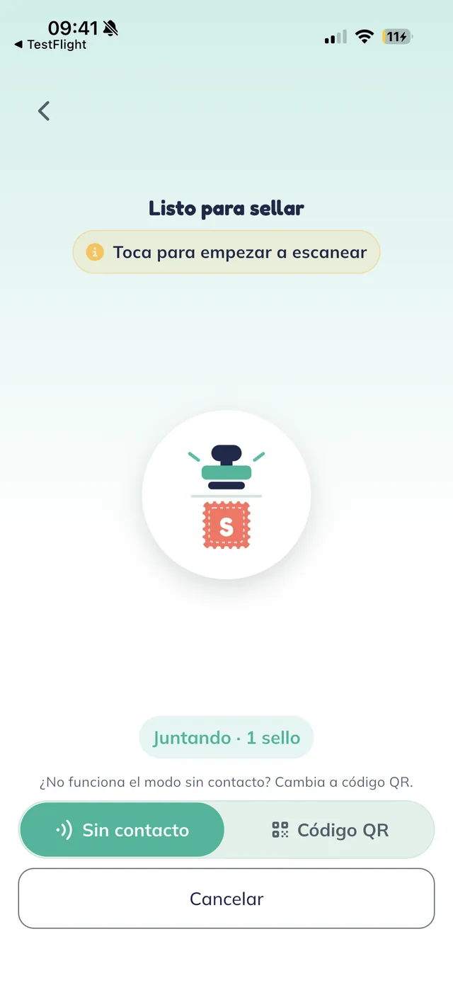 Pantalla "Listo para sellar · Toca para empezar a escanear" con el ícono del sello y un interruptor entre "Sin contacto" y "Código QR".